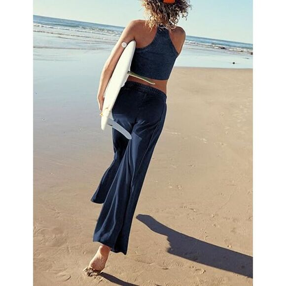 NWT Navy Blue 2-Pce Tracksuit Outfit Crop Top Sweatpants Women's Large Wide Leg - Picture 2 of 13